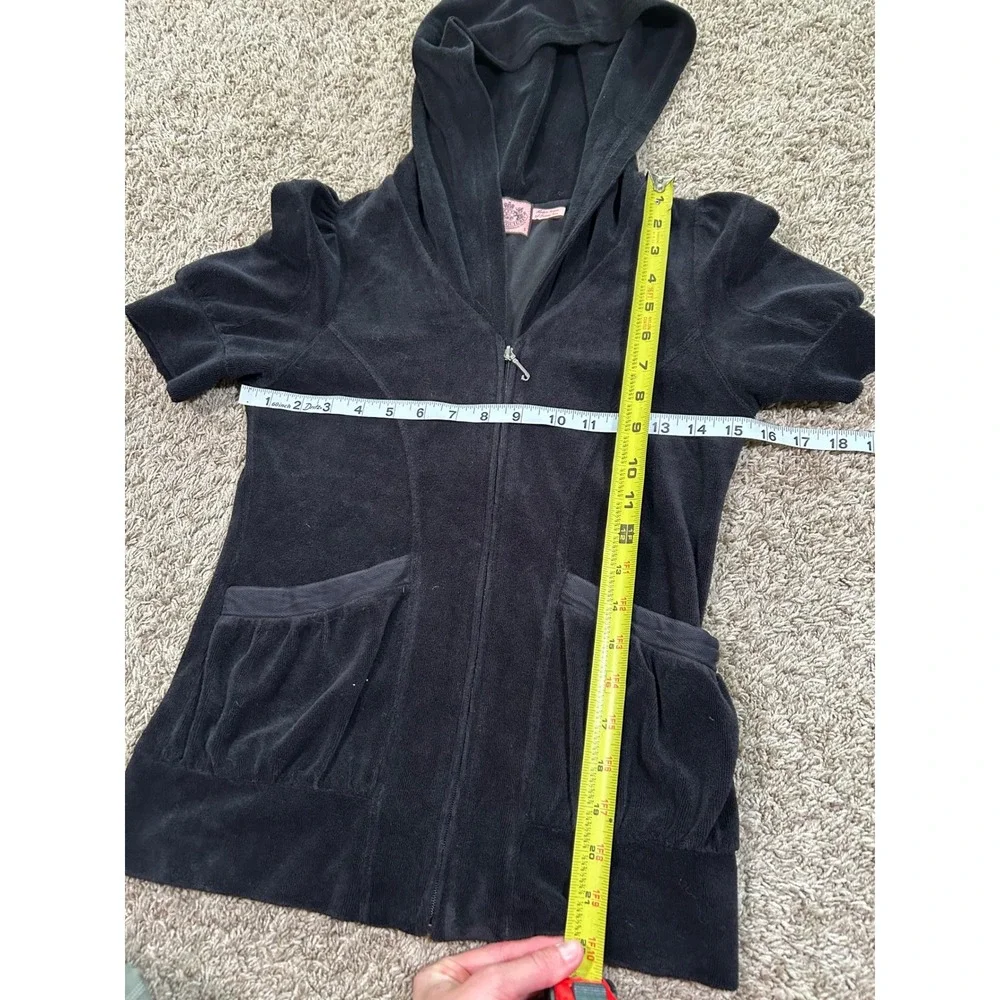 Y2K 2000s VTG Juicy Couture Black Terry Cloth Short Sleeve Zip Up Hoodie S - Picture 8 of 8